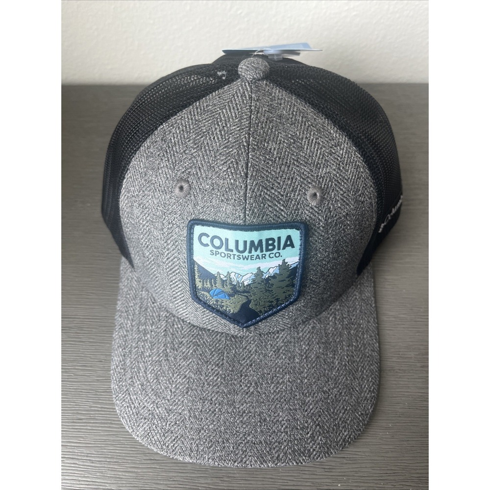 Columbia Unisex Mesh Flexfit Hat Cap Trees Snow Mountains Tent One Size Gray NWT